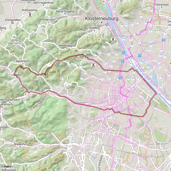 Miniaturekort af cykelinspirationen "Grusvej cykelrute fra Gablitz" i Niederösterreich, Austria. Genereret af Tarmacs.app cykelruteplanlægger