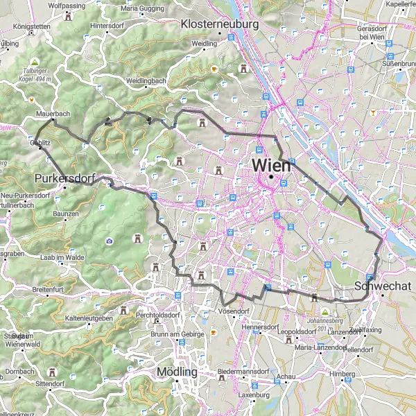 Map miniature of "Discover the Vienna Woods" cycling inspiration in Niederösterreich, Austria. Generated by Tarmacs.app cycling route planner