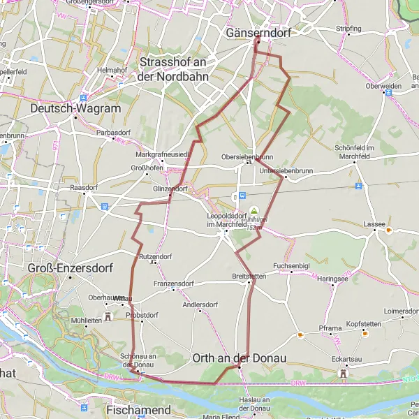 Miniature de la carte de l'inspiration cycliste "Boucle pittoresque de Gänserndorf" dans la Niederösterreich, Austria. Générée par le planificateur d'itinéraire cycliste Tarmacs.app