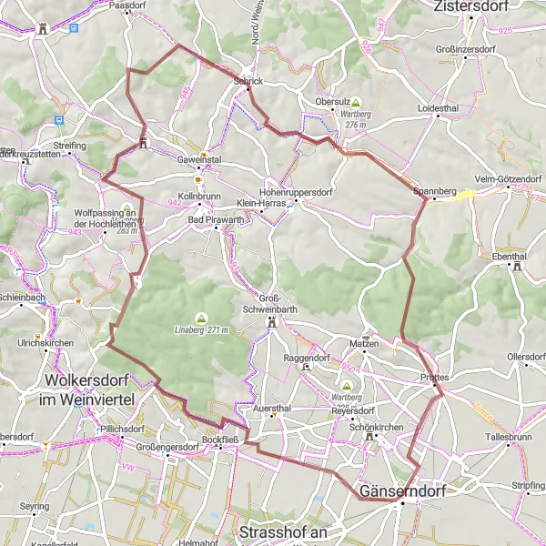 Miniature de la carte de l'inspiration cycliste "Circuit des Collines de l'Est (route gravel)" dans la Niederösterreich, Austria. Générée par le planificateur d'itinéraire cycliste Tarmacs.app