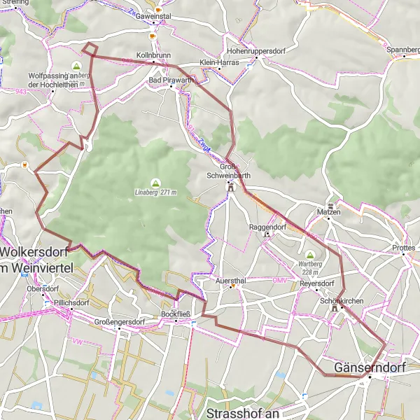 Miniature de la carte de l'inspiration cycliste "Sentier des Collines et des Vignobles" dans la Niederösterreich, Austria. Générée par le planificateur d'itinéraire cycliste Tarmacs.app