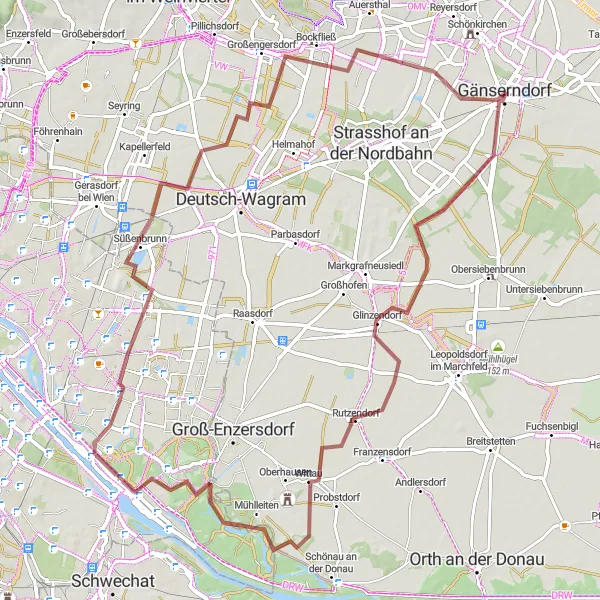 Miniaturní mapa "Gravel Trasa Glinzendorf - Bockfließ" inspirace pro cyklisty v oblasti Niederösterreich, Austria. Vytvořeno pomocí plánovače tras Tarmacs.app