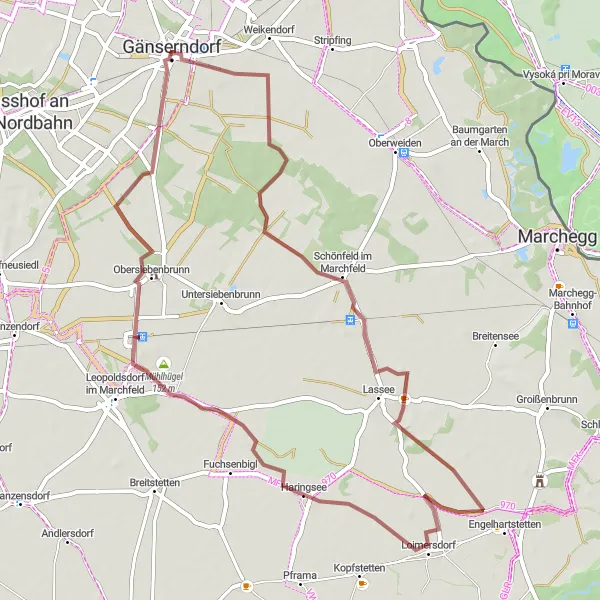 Miniaturní mapa "Štěrková cyklistická trasa kolem Gänserndorfu" inspirace pro cyklisty v oblasti Niederösterreich, Austria. Vytvořeno pomocí plánovače tras Tarmacs.app