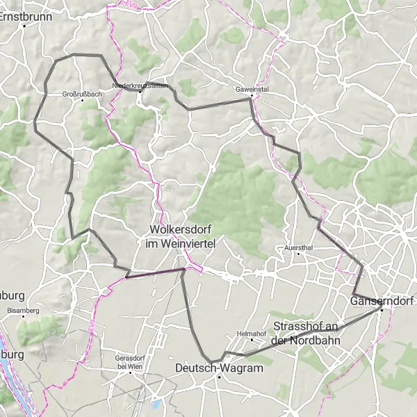 Miniature de la carte de l'inspiration cycliste "Boucle des Châteaux de la Basse-Autriche (route routière)" dans la Niederösterreich, Austria. Générée par le planificateur d'itinéraire cycliste Tarmacs.app
