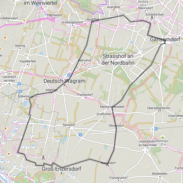 Miniaturní mapa "Road Cycling in Deutsch-Wagram and Schönkirchen" inspirace pro cyklisty v oblasti Niederösterreich, Austria. Vytvořeno pomocí plánovače tras Tarmacs.app
