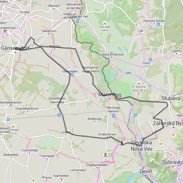 Miniaturní mapa "Road Route to Oberweiden" inspirace pro cyklisty v oblasti Niederösterreich, Austria. Vytvořeno pomocí plánovače tras Tarmacs.app