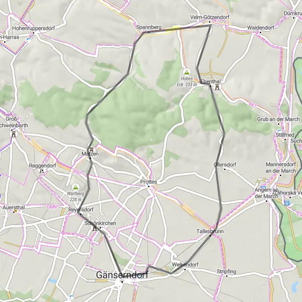 Miniature de la carte de l'inspiration cycliste "Boucle des Châteaux et des Collines" dans la Niederösterreich, Austria. Générée par le planificateur d'itinéraire cycliste Tarmacs.app