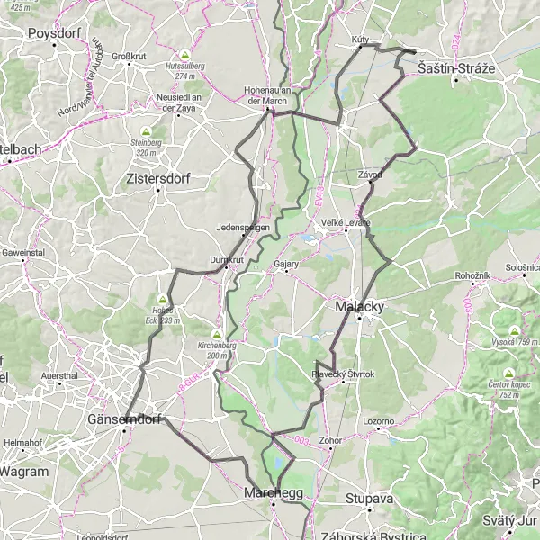 Miniature de la carte de l'inspiration cycliste "Tour des châteaux et des collines slovaques" dans la Niederösterreich, Austria. Générée par le planificateur d'itinéraire cycliste Tarmacs.app