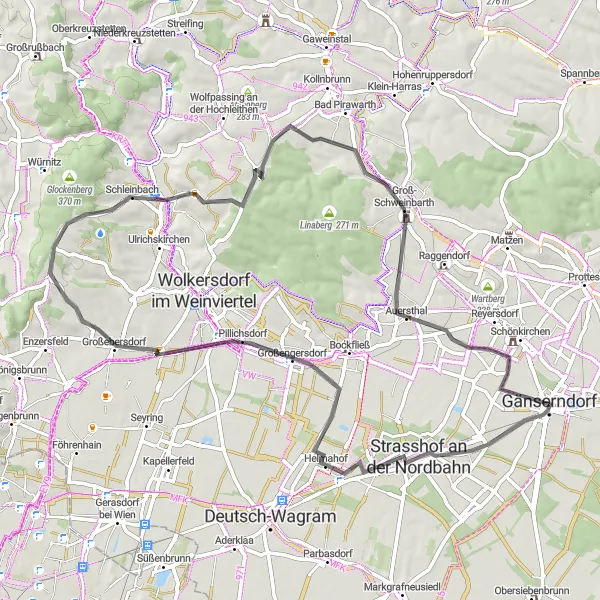 Miniatuurkaart van de fietsinspiratie "Strasshof an der Nordbahn en Schloss Groß-Schweinbarth road fietstocht" in Niederösterreich, Austria. Gemaakt door de Tarmacs.app fietsrouteplanner