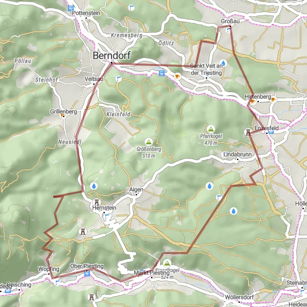 Kartminiatyr av "Eventyr i Hirtenberg og Berndorf" sykkelinspirasjon i Niederösterreich, Austria. Generert av Tarmacs.app sykkelrutoplanlegger