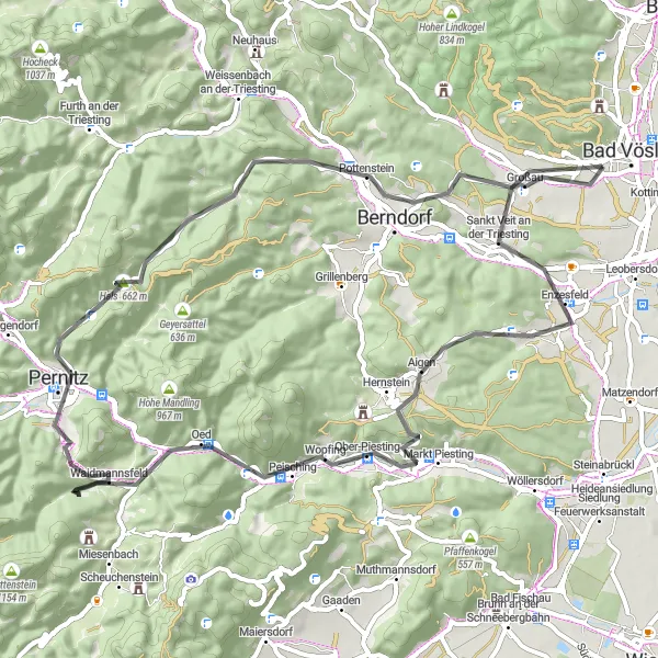 Miniatua del mapa de inspiración ciclista "Desafío en carretera con impresionantes paisajes" en Niederösterreich, Austria. Generado por Tarmacs.app planificador de rutas ciclistas