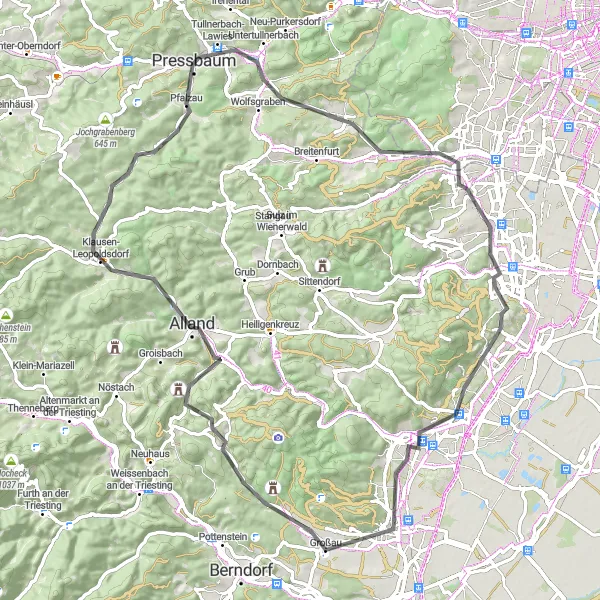 Zemljevid v pomanjšavi "Krožna kolesarska pot Merkenstein-Pressbaum" kolesarske inspiracije v Niederösterreich, Austria. Generirano z načrtovalcem kolesarskih poti Tarmacs.app