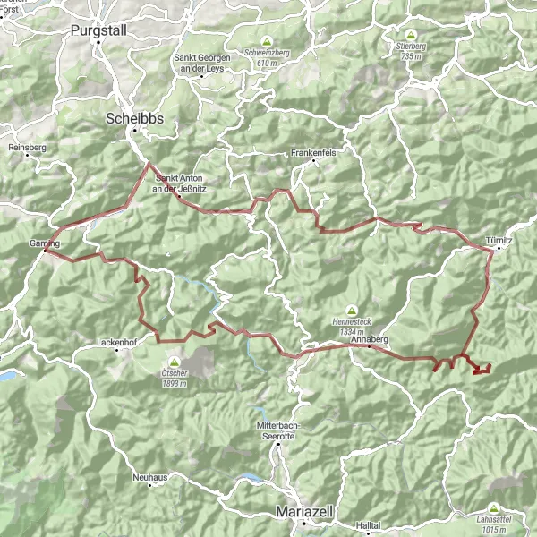 Miniatura della mappa di ispirazione al ciclismo "Scoperta delle vette della Bassa Austria" nella regione di Niederösterreich, Austria. Generata da Tarmacs.app, pianificatore di rotte ciclistiche