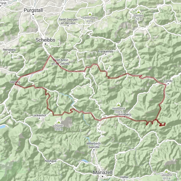 Miniatuurkaart van de fietsinspiratie "Off-road avontuur in de omgeving van Gaming" in Niederösterreich, Austria. Gemaakt door de Tarmacs.app fietsrouteplanner