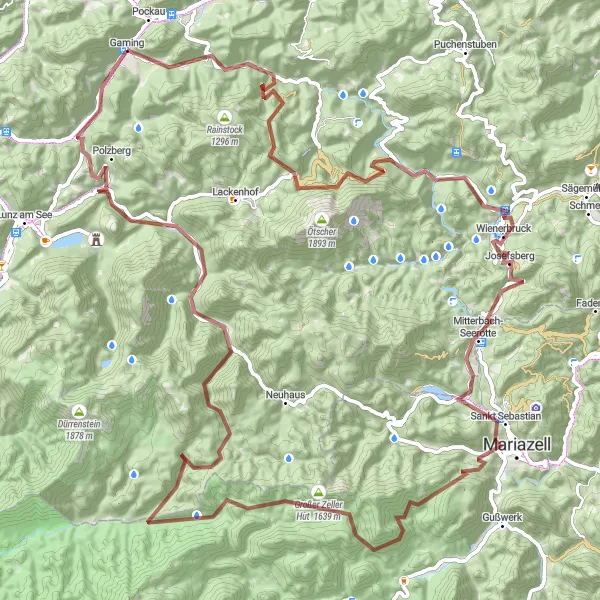 Miniatua del mapa de inspiración ciclista "Ruta de ciclismo de gravilla Kirchstein-Raneck-Erlaufboden-Bärenkogel-Mariazell-Annaberg-Bärenrisssattel-Föllbaumberg" en Niederösterreich, Austria. Generado por Tarmacs.app planificador de rutas ciclistas