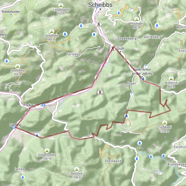 Miniatura mapy "Trasa gravelowa z Gaming do Kirchstein" - trasy rowerowej w Niederösterreich, Austria. Wygenerowane przez planer tras rowerowych Tarmacs.app