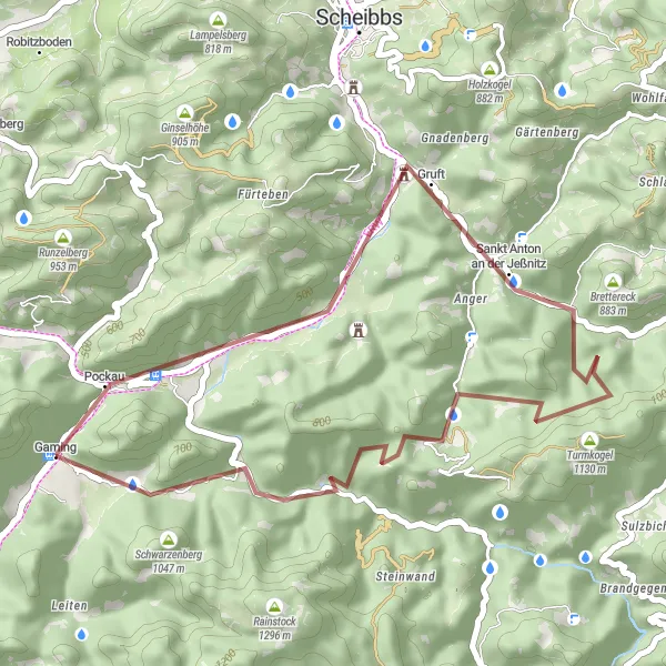 Miniatuurkaart van de fietsinspiratie "Grindpad door de natuurwonderen van Niederösterreich" in Niederösterreich, Austria. Gemaakt door de Tarmacs.app fietsrouteplanner