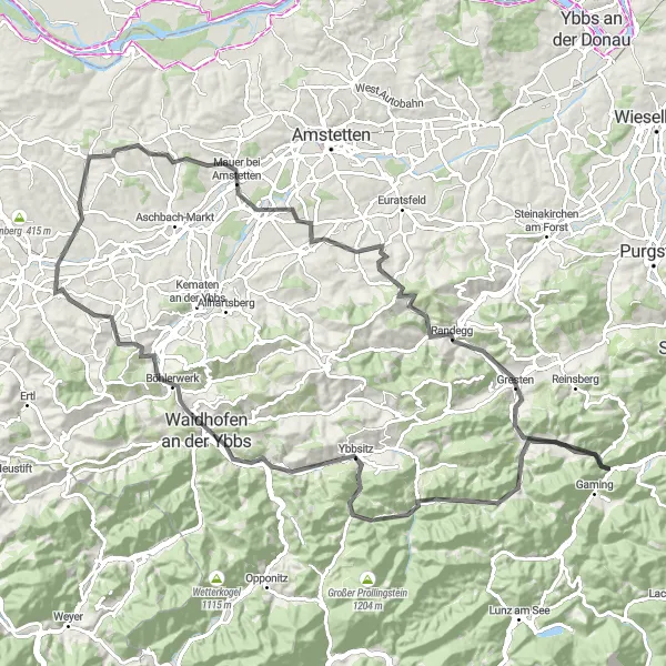 Miniatua del mapa de inspiración ciclista "Ruta de ciclismo de carretera Rehberg-Königsstein-Waidhofen an der Ybbs-Blümelsberg-Seitenstetten-Hexenturm-Tabor-Randegg-Brettl" en Niederösterreich, Austria. Generado por Tarmacs.app planificador de rutas ciclistas
