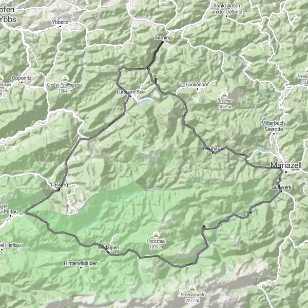Miniaturní mapa "Road Race do Mariazell" inspirace pro cyklisty v oblasti Niederösterreich, Austria. Vytvořeno pomocí plánovače tras Tarmacs.app