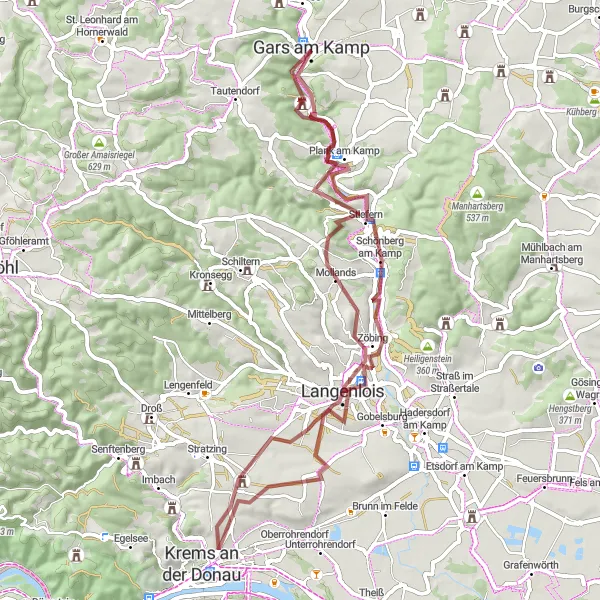 Miniatua del mapa de inspiración ciclista "Ruta de gravel llena de paisajes sorprendentes desde Gars am Kamp" en Niederösterreich, Austria. Generado por Tarmacs.app planificador de rutas ciclistas