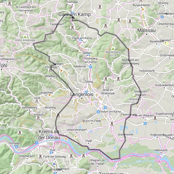 Miniatua del mapa de inspiración ciclista "Explorando el valle del Kamp en bicicleta de carretera" en Niederösterreich, Austria. Generado por Tarmacs.app planificador de rutas ciclistas
