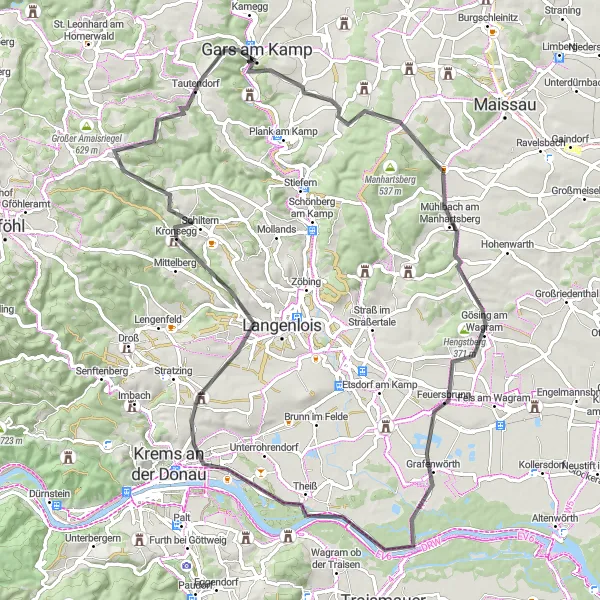 Karttaminiaatyyri "Matka läpi Kamptalin viiniviljelmien" pyöräilyinspiraatiosta alueella Niederösterreich, Austria. Luotu Tarmacs.app pyöräilyreittisuunnittelijalla