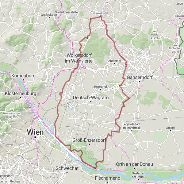 Miniatura della mappa di ispirazione al ciclismo "Viaggio in Gravel attraverso il Weinviertel" nella regione di Niederösterreich, Austria. Generata da Tarmacs.app, pianificatore di rotte ciclistiche