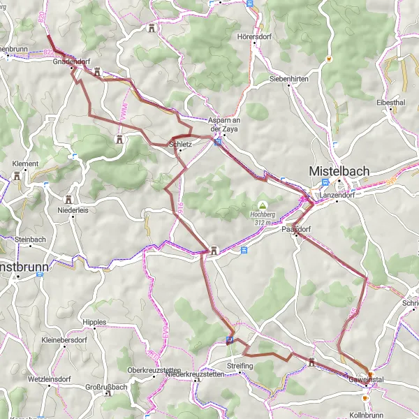 Miniaturní mapa "Gravel cesta kolem Ladendorfu" inspirace pro cyklisty v oblasti Niederösterreich, Austria. Vytvořeno pomocí plánovače tras Tarmacs.app