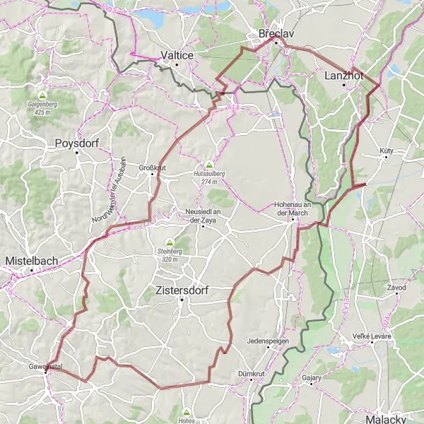 Zemljevid v pomanjšavi "Gravel potovanje do Lanžhota" kolesarske inspiracije v Niederösterreich, Austria. Generirano z načrtovalcem kolesarskih poti Tarmacs.app