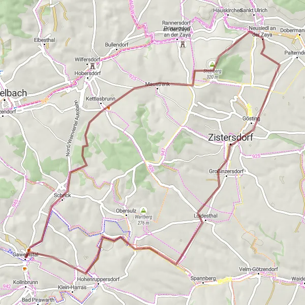 Mapa miniatúra "Krátka, harmónia a prírodná krása" cyklistická inšpirácia v Niederösterreich, Austria. Vygenerované cyklistickým plánovačom trás Tarmacs.app