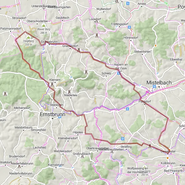 Miniatura della mappa di ispirazione al ciclismo "Esplorazione naturale tra Niederkreuzstetten e Höbersbrunn" nella regione di Niederösterreich, Austria. Generata da Tarmacs.app, pianificatore di rotte ciclistiche