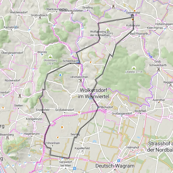 Miniaturní mapa "Road Bike Tour through Weinviertel" inspirace pro cyklisty v oblasti Niederösterreich, Austria. Vytvořeno pomocí plánovače tras Tarmacs.app