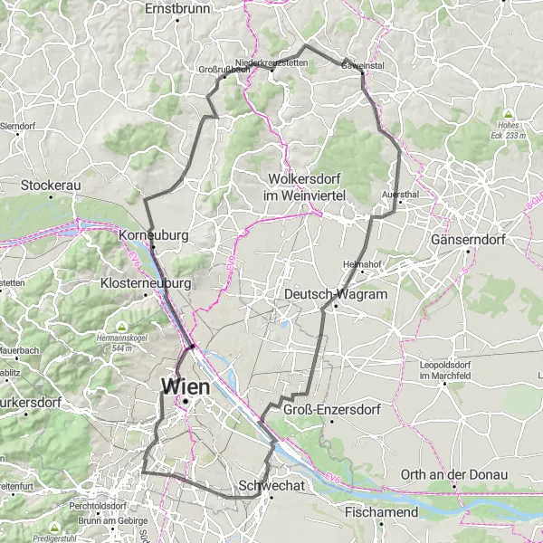 Zemljevid v pomanjšavi "Potovanje čez Weinviertel in Donavo" kolesarske inspiracije v Niederösterreich, Austria. Generirano z načrtovalcem kolesarskih poti Tarmacs.app