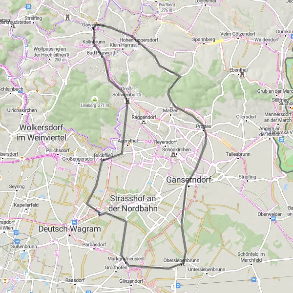 Map miniature of "Hohenruppersdorf and Prottes Cycling Route" cycling inspiration in Niederösterreich, Austria. Generated by Tarmacs.app cycling route planner