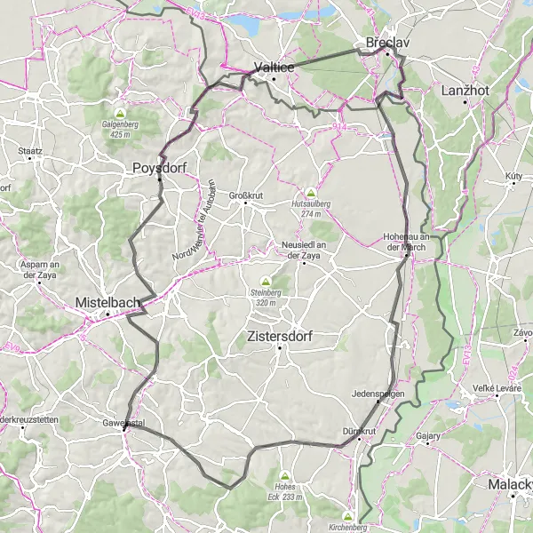 Miniatura della mappa di ispirazione al ciclismo "Scoperta dei tesori di Poysdorf e Břeclav" nella regione di Niederösterreich, Austria. Generata da Tarmacs.app, pianificatore di rotte ciclistiche