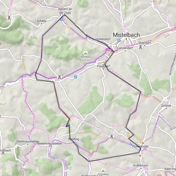 Miniatua del mapa de inspiración ciclista "Ruta de ciclismo por carretera desde Gaweinstal" en Niederösterreich, Austria. Generado por Tarmacs.app planificador de rutas ciclistas