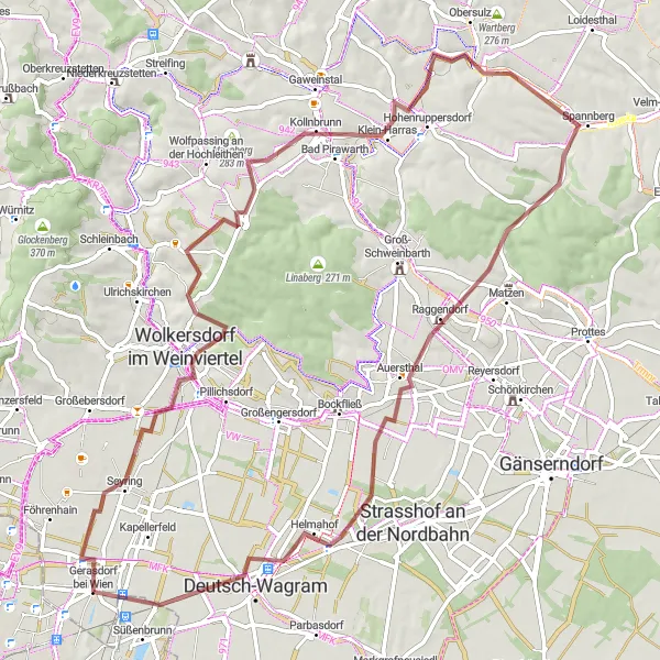 Miniatura della mappa di ispirazione al ciclismo "Weinviertel Gravel Adventure" nella regione di Niederösterreich, Austria. Generata da Tarmacs.app, pianificatore di rotte ciclistiche