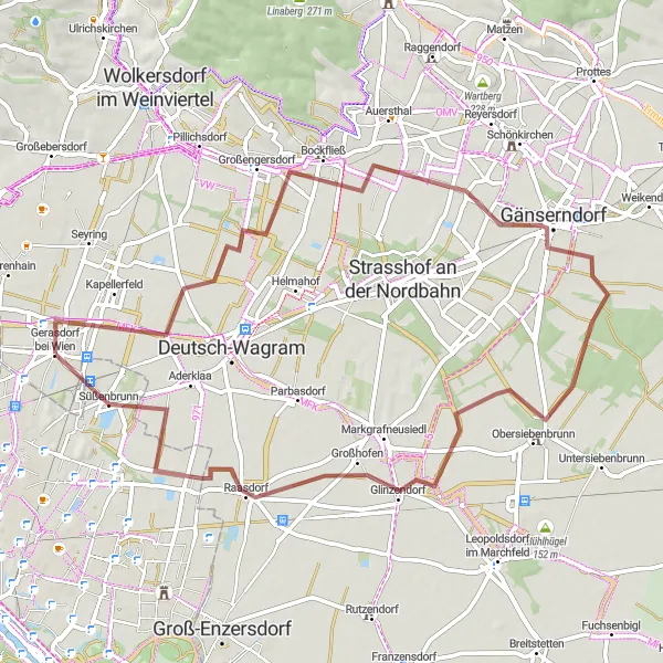 Zemljevid v pomanjšavi "Potovanje po gručasti cesti skozi Weinviertel" kolesarske inspiracije v Niederösterreich, Austria. Generirano z načrtovalcem kolesarskih poti Tarmacs.app