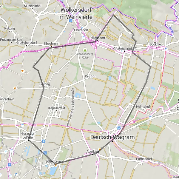 Miniatua del mapa de inspiración ciclista "Ruta pintoresca por Pillichsdorf y Aderklaa" en Niederösterreich, Austria. Generado por Tarmacs.app planificador de rutas ciclistas
