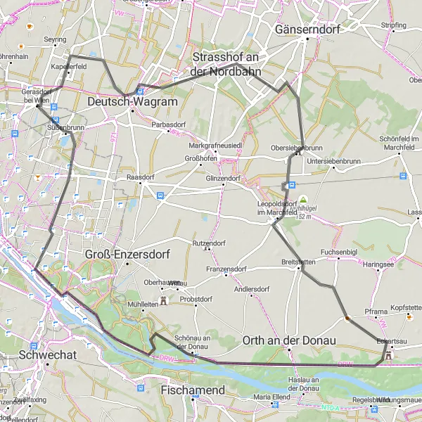 Miniatua del mapa de inspiración ciclista "Ruta de ciclismo de carretera a Deutsch-Wagram" en Niederösterreich, Austria. Generado por Tarmacs.app planificador de rutas ciclistas