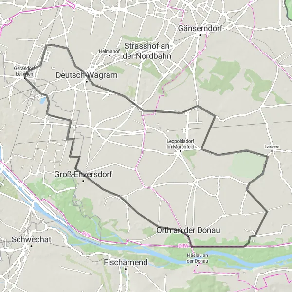 Miniaturekort af cykelinspirationen "86 km Vejcykelrute fra Gerasdorf bei Wien" i Niederösterreich, Austria. Genereret af Tarmacs.app cykelruteplanlægger