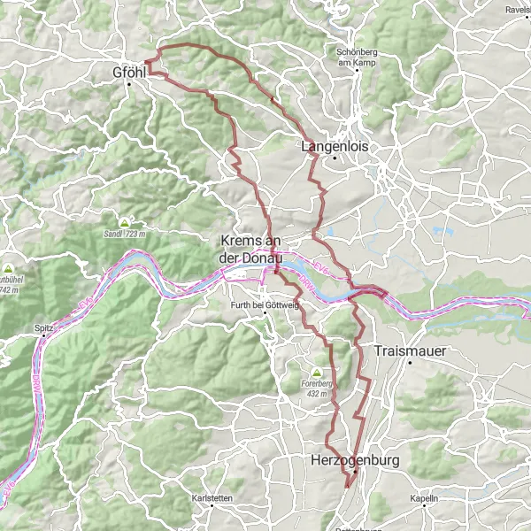 Miniatura della mappa di ispirazione al ciclismo "Giro in gravel tra Galgenberg e Burgstall" nella regione di Niederösterreich, Austria. Generata da Tarmacs.app, pianificatore di rotte ciclistiche