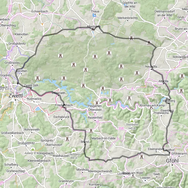 Miniatura della mappa di ispirazione al ciclismo "Giro per Schloss Jaidhof e FELSEN" nella regione di Niederösterreich, Austria. Generata da Tarmacs.app, pianificatore di rotte ciclistiche