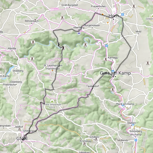 Miniatura della mappa di ispirazione al ciclismo "Giro in bici da Gföhl a Ullreichsberg" nella regione di Niederösterreich, Austria. Generata da Tarmacs.app, pianificatore di rotte ciclistiche