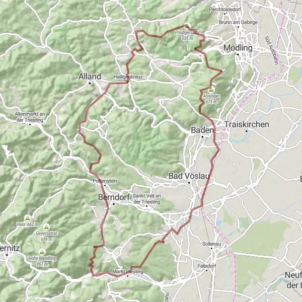 Miniatura della mappa di ispirazione al ciclismo "Ciclismo in Gravel intorno a Gießhübl" nella regione di Niederösterreich, Austria. Generata da Tarmacs.app, pianificatore di rotte ciclistiche