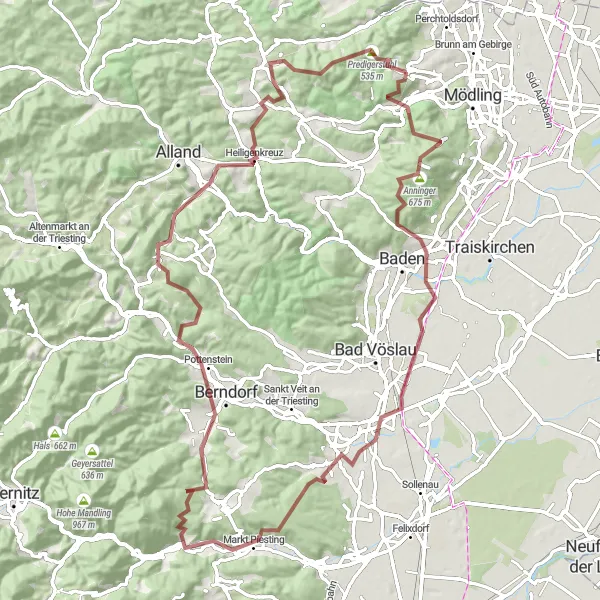 Map miniature of "Challenging Gravel Route" cycling inspiration in Niederösterreich, Austria. Generated by Tarmacs.app cycling route planner