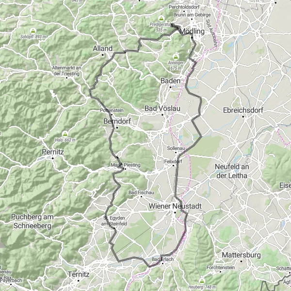 Miniature de la carte de l'inspiration cycliste "Aventure dans les Collines Méridionales" dans la Niederösterreich, Austria. Générée par le planificateur d'itinéraire cycliste Tarmacs.app