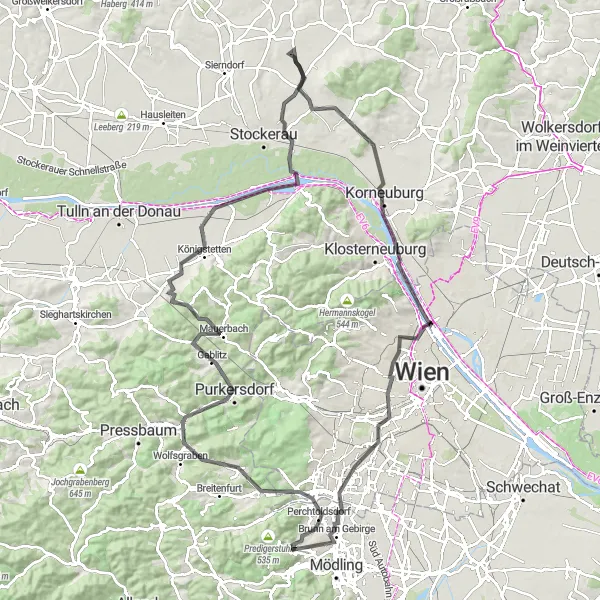 Miniaturekort af cykelinspirationen "Landevejscykelrute til Leobendorf og Brunn am Gebirge" i Niederösterreich, Austria. Genereret af Tarmacs.app cykelruteplanlægger