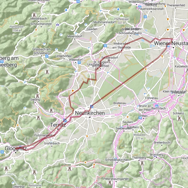 Miniatura della mappa di ispirazione al ciclismo "Tour in bicicletta Gravel tra Ternitz e Wiener Neustadt" nella regione di Niederösterreich, Austria. Generata da Tarmacs.app, pianificatore di rotte ciclistiche