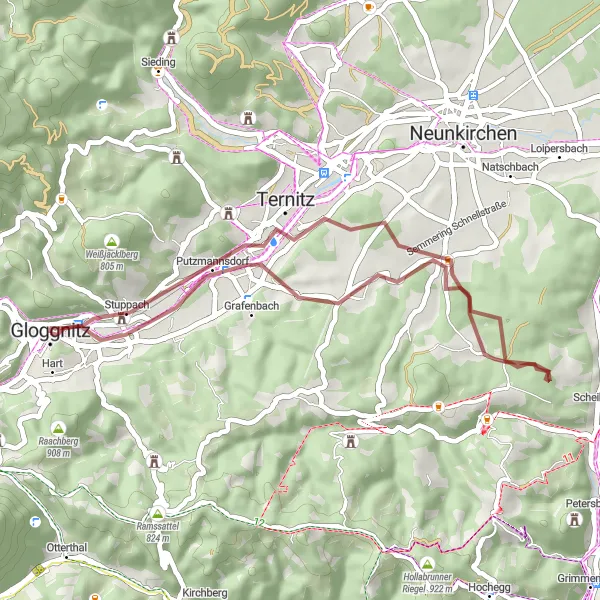 Map miniature of "Gloggnitz to Burgstall Gravel Cycling Route" cycling inspiration in Niederösterreich, Austria. Generated by Tarmacs.app cycling route planner